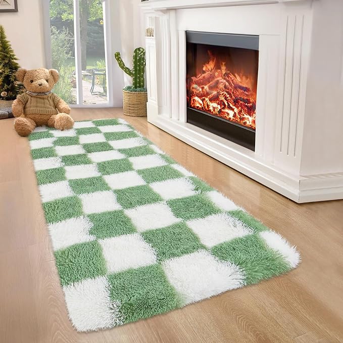 Garvee Checkered Fluffy Runner Rugs 2x6 Fluffy Fuzzy Shag 2x6 Runner Rug for Hallyway Non-Slip Ultra Soft Checkered Fluffy Rugs for Girls Kids Room Shag Plush Rug for Teen Room Decor Bedroom,Green