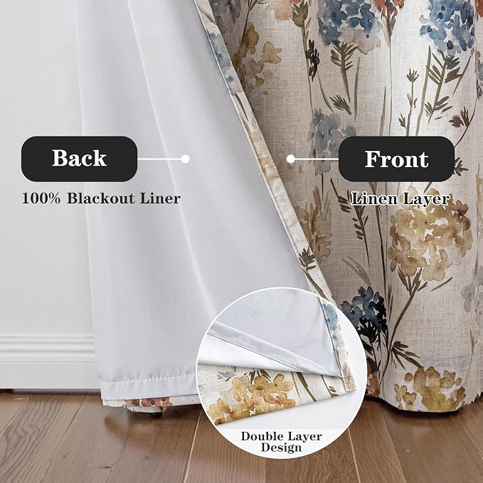 MYSKY HOME Floral 100% Blackout Linen Curtains 72 Inches Long 2 Panels Set for Bedroom Living Room Farmhouse Flower Pattern Double Layer Thermal Insulated Grommet Drapes, Yellow, 52" Wide Each Panel