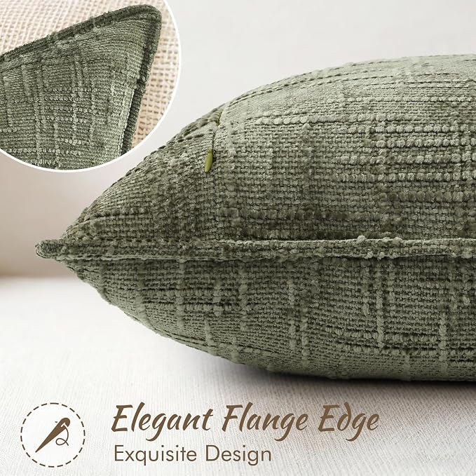 decorUhome Chenille Decorative Throw Pillow Covers 12x20 Set of 2,Olive | Soft Texture, Slubby Modern Design, Flange Edges, Cozy Lumbar Accent Pillow Covers for Couch, Sofa, Bed, Living Room