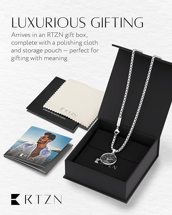 RTZN® Pendant Necklace for Men – Premium Stainless Steel Silver Pendant Necklace with 22" Chain – Waterproof & Non-Tarnish Small Pendants for Men – Bold Symbols of Strength & Legacy