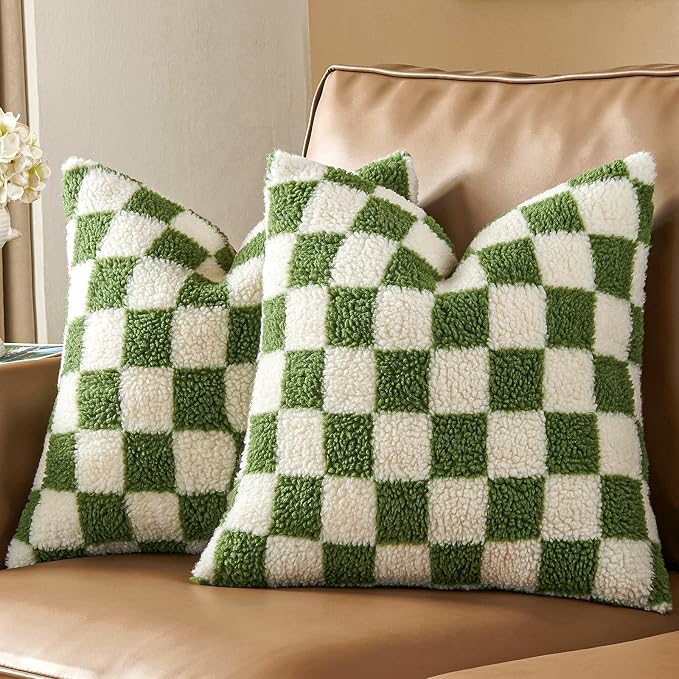 AmHoo Pack of 2 Decorative Throw Pillow Covers Checkerboard Luxury Super Soft Faux Fur Wool Set Case Cushion for Couch Sofa Bedroom 24 x 24-Inch Sage Green