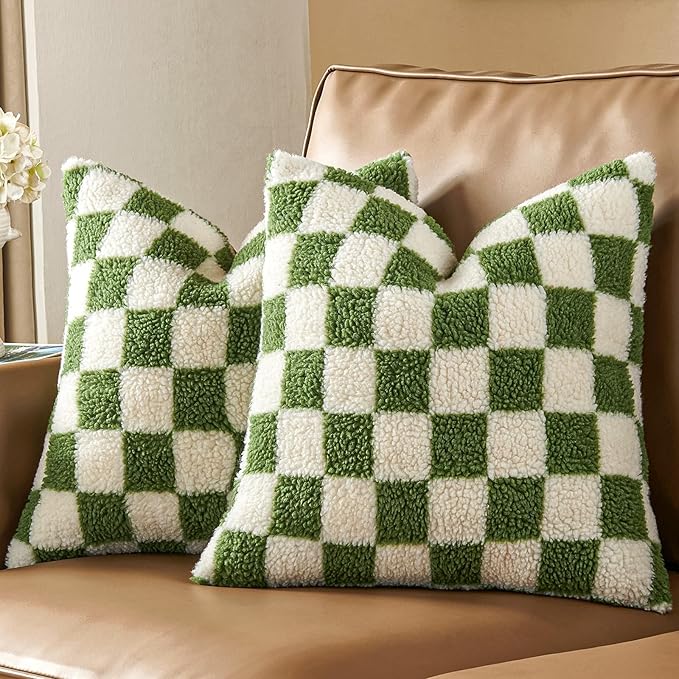 AmHoo Pack of 2 Decorative Throw Pillow Covers Checkerboard Luxury Super Soft Faux Fur Wool Set Case Cushion for Couch Sofa Bedroom 18 x 18-Inch Sage Green