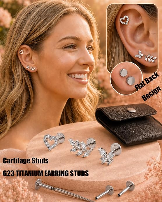 YACHY G23 Titanium Flat Back Stud Earrings, Internally Threaded Screw-On Hypoallergenic Body Piercing Jewelry for Everyday Wear, Tragus Helix Conch Monroe Medusa Lip, 18G 6mm 8mm