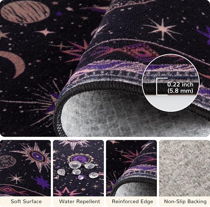 Vacuum-Friendly, 2x6 Washable Area Rug, Black Purple Beige | Sun and Moon Boho Gothic Non-Slip Low Pile Living Roon Bedroom Dining Room Kitchen Entry Entryway Entrance Hallway Doormat
