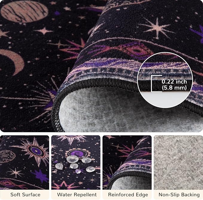 Vacuum-Friendly, 2x3 Washable Area Rug, Black Purple Beige | Sun and Moon Boho Gothic Non-Slip Low Pile Living Roon Bedroom Dining Room Kitchen Entry Entryway Entrance Hallway Doormat