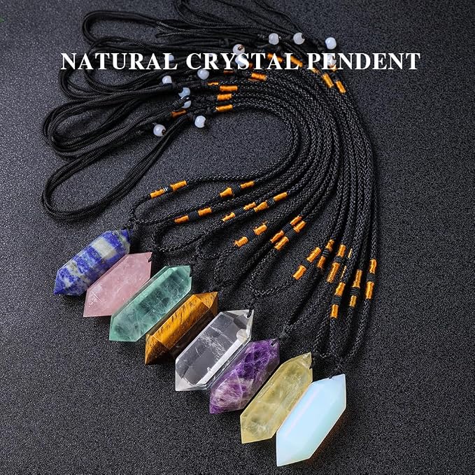 Runyangshi Tiger's Eye Healing Crystal Pendants, Double Pointed Natural Crystal Quartz Necklace 6 Faceted Chakra Crystal Wand Stone