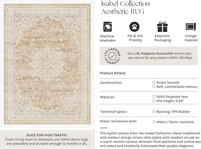 HUGEAR Hallway Runner Rugs 2x6 Machine Washable Vintage Beige Brown Throw Carpet Non Slip Stain Resistant Low Pile for Bedroom Kitchen Retro Aesthetic Modern Decor
