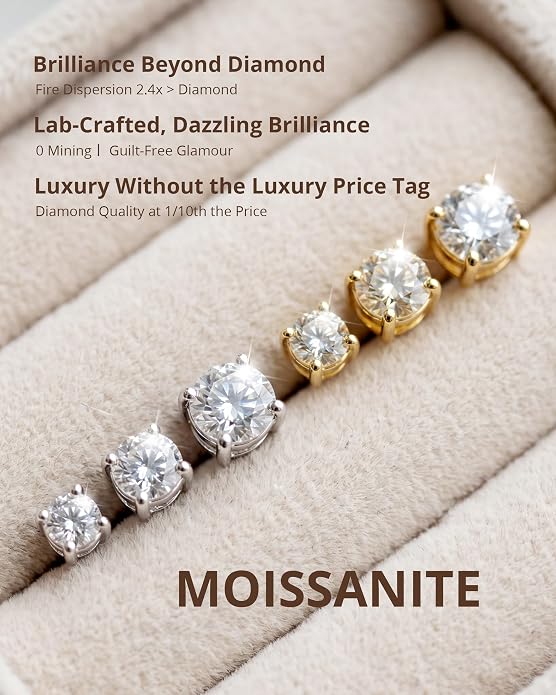 Moissanite Stud Earrings for Women, S925 Sterling Silver Screw Back Flat Back Earrings, Hypoallergenic 14K Gold/White Gold Plated Cartilage Piercing Studs, D Color VVS1 Round Cut 3-5mm