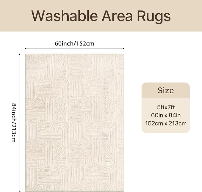 GENIMO Beige Rugs 5x7 Washable Area Rugs for Living Room, Modern Arch 3D Textured Design, Non Slip Shag Soft Carpet, Non-Shedding Cream Throw Accent Carpet for Bedroom, Dining Room, Nursery, Playroom