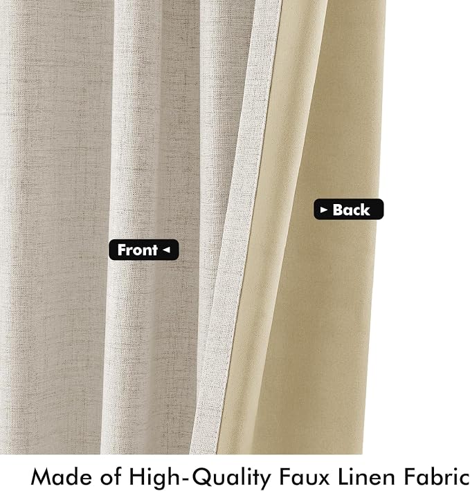 MIULEE 100% Blackout Linen Curtains for Bedroom 42 x 90 Inch Birch 2 Panels | Thermal Insulated, Room Darkening Drapes for Living Room, Back Tab Rod Pocket Pinch Pleated, Solid Luxury Decor
