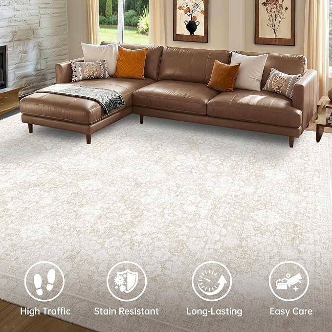 Sasttie 5x7 Area Rugs, Ultra-Soft Washable Rug, Low Pile Foldable Thin Carpets with Non-Slip Backing, Skin-Friendly Stain Resistant Carpet for Living Room, Bedroom, Kitchen, Dorm, 5x7, Cream