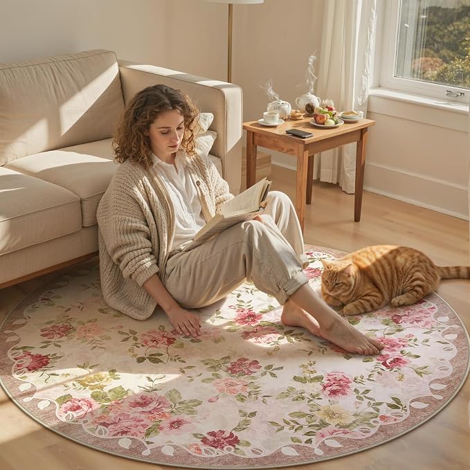 Lahome Floral Boho Round Rugs 6ft,Washable Round Rug for Dining Room Table,Circle Rugs for Living Room Large Round Carpet for Bedroom,Playroom,Nursery,Reading Corner Nina