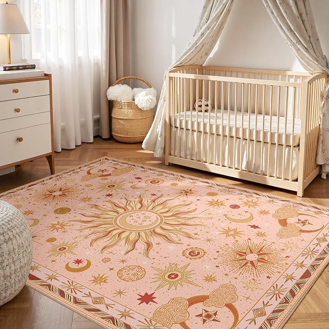 Vacuum-Friendly, 5x7 Washable Area Rug, Pink Gold Beige Red | Sun and Moon Boho Gothic Non-Slip Low Pile Living Roon Bedroom Dining Room Kitchen Entry Entryway Entrance Hallway Doormat