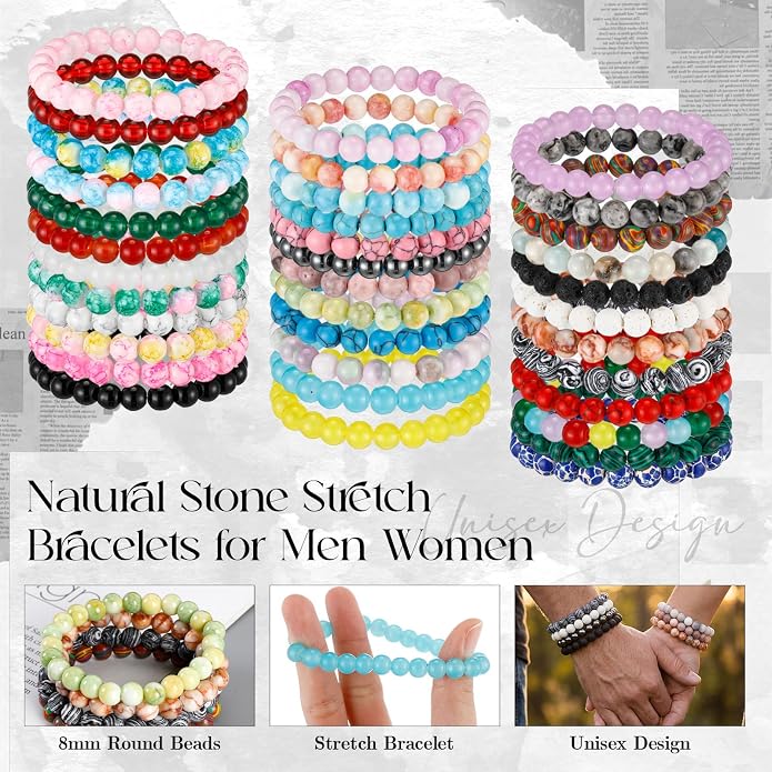 Landical 48 Pcs 8mm Round Beaded Bracelets for Women Men Semi Precious Gemstones Bracelets Crystal Stone Bracelet for Unisex