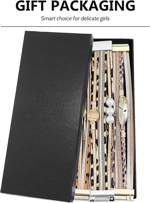 Wowanoo 3Pack Leather Cuff Bracelet Set Multilayer Wrap Bracelet Crystal Feather Tree Bracelet Magnetic Clasp Bracelet for Women