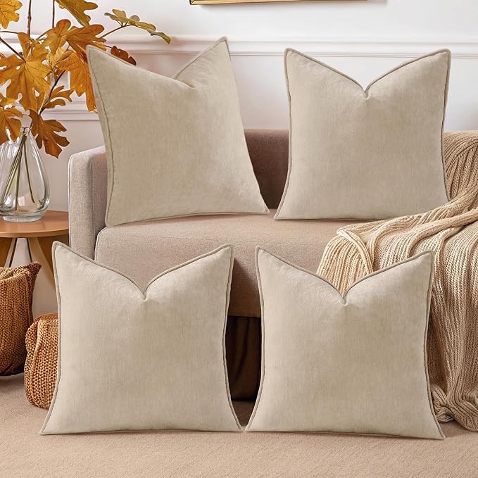decorUhome Set of 4 Chenille Beige Throw Pillow Covers 18x18 | Couch Decorative Soft Neutral Pillow Covers with Elegant Design for Living Room Bed Sofa