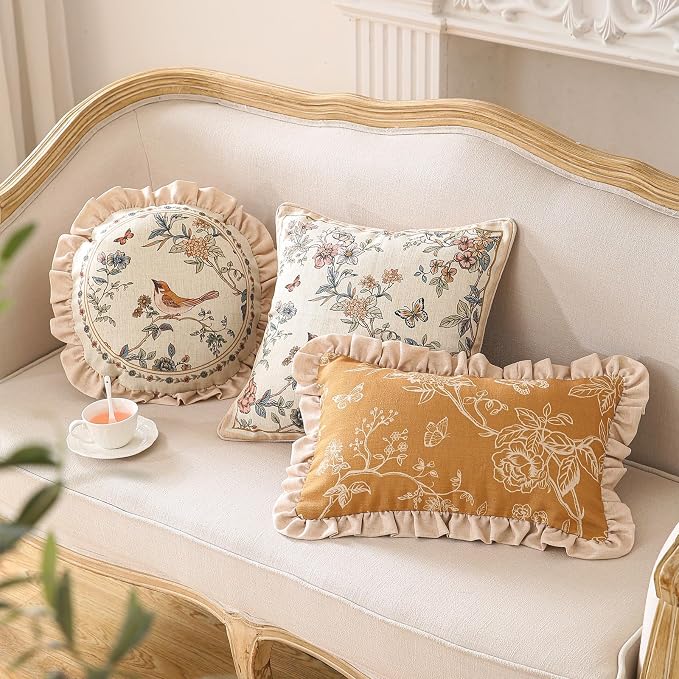 ISAENNE Vintage Linen Throw Pillow Cover,Set of 2,Diameter 16"-Cornucopia A | Designer Elegant French Round Pillow Cover,Concealed Zipper Design,Floral Pattern,Sofas,Bedroom,Living Room,Lounge Chairs