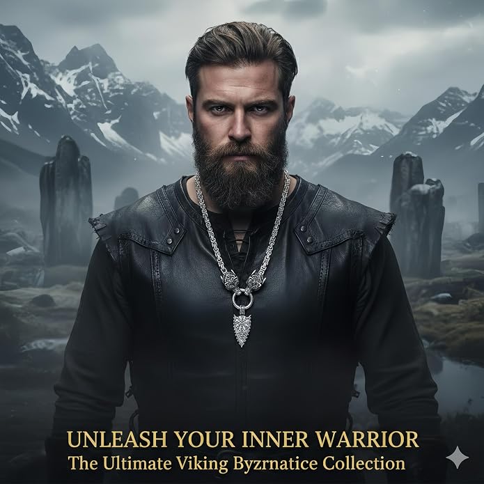 ROWIN&CO Viking Necklace for Men, Stainless Steel Nordic Runes Wolf Head Spearhead & Trinity Knot Pendant with Byzantine Chain Amulet, Norse Mythology Pagan Gothic Biker Jewelry Gift