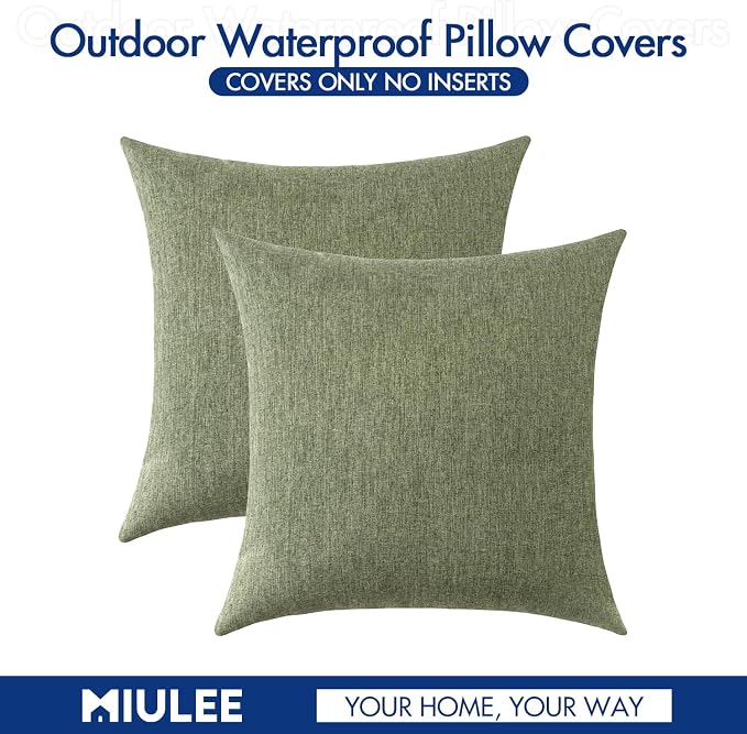 MIULEE Pack of 2 Decorative Outdoor Solid Waterproof Throw Pillow Covers Spring Faux Linen Garden Farmhouse Cushion Cases for Patio Tent Balcony Couch Sofa 20x20 Inch Gray Green