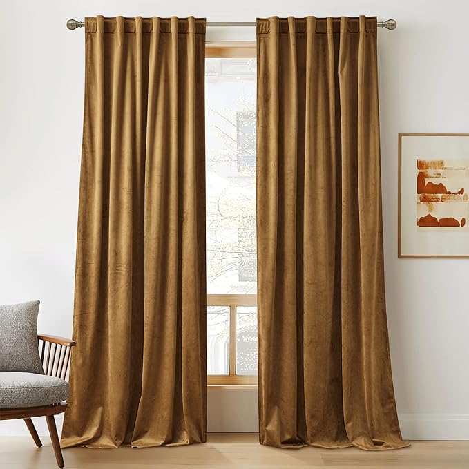 RYB HOME Gold Brown Velvet Curtains for Bedroom Living Room, Thermal Insulated Privacy UV Heat Blocking Luxurious Soft Rod Pocket Back Tab Drapes for Nursery, 42" W x 63" L, 2 Panels