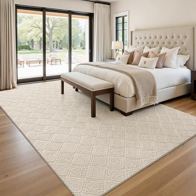 U'Artlines 8x10 Beige Washable Area Rug for Living Room, Soft Fluffy High Low Textured Carpet, Modern Neutral Geometric Non Slip Rugs for Bedroom Dining Room Kids Room