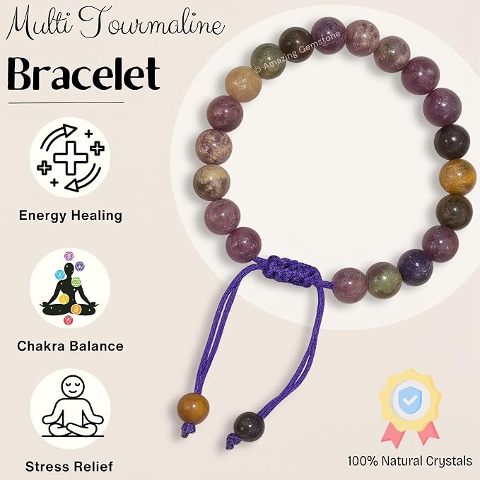 Amazing Gemstone Multi Tourmaline Bracelet for Women Men's Gifts - Protection Healing Crystal Bracelet - 8mm Gemstones Beaded Adjustable Bracelet Pulseras para Hombres Mujer Stocking Stuffers