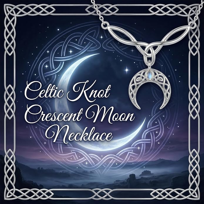 Celtic Crescent Moon Necklace 18K White Gold Plated Witchy Celtic Knot Jewelry Gifts for Women Mom Wife