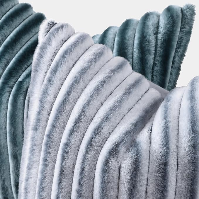 decorUhome Fall Faux Fur Throw Pillow Covers 26x26 Set of 2 Grey White | Decorative Soft Cozy Striped Plush Modern Farmhouse Boho Couch Pillow Cases Velvet Back for Sofa Bed Living Room Home Decor