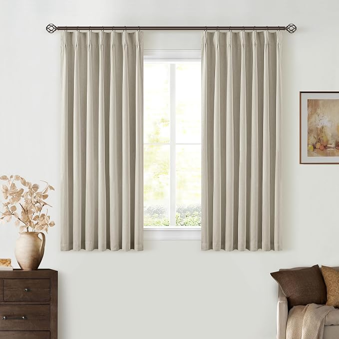 Oatmeal Beige Pleated Black Out Linen 45 Inch Curtains with Liner 2 Panels | 100% Blackout, Memory Trained Pinch Pleat, Thermal Insulated, Noise Reduce, Short Curtains 2 Layers for Kitchen Small Window