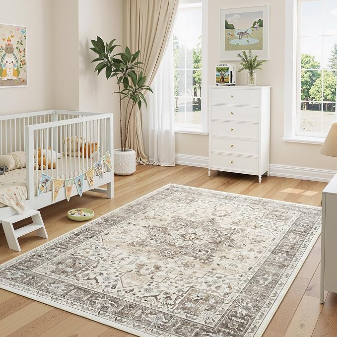 5x7 Neutral Camel Farmhouse Bedroom Rug - Vintage Traditional Oriental Brown Area Rugs for Living Room, Nursery Room, Washable Boho Distressed Floral Non-Slip Rug Low Pile Stain Resistant