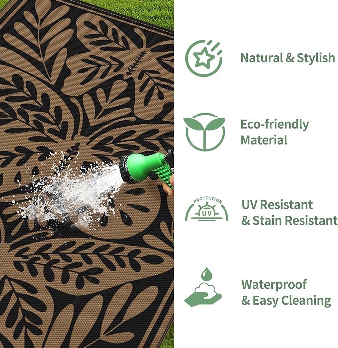 GENIMO Outdoor Rug, Waterproof Plastic Rugs for Patio, 6'x9' Black | Outside Larger Leaf Carpet Mat for Porch Decor, Deck, Balcony, Camping, RV, Backyard, Picnic, Beach, Reversible, Foldable