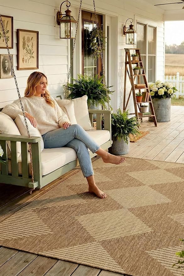 MontVoo-Outdoor Rug Carpet Patio Rug 4x6 ft Polypropylene Indoor Outdoor Rugs for Patio Deck Balcony Porch, Textured Weave, Durable for High Traffic, Fade-Resistant, Boho Geometric Neutral Brown