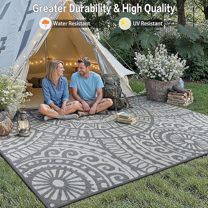 HUGEAR 8x10 Outdoor Boho Rug Grey Patio Waterproof Rug Home Decor Reversible Plastic Straw Rugs Outside Indoor Floor Mat for Camping Balcony RV Deck Porch Pool Backyard