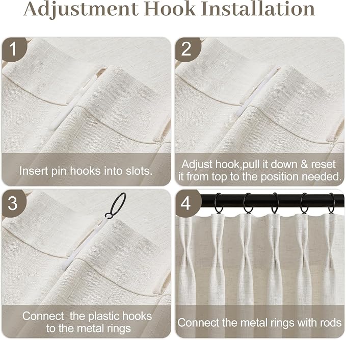 Pinch Pleated Linen Curtains 84 Inch Length 2 Panels Set, Light Filtering Linen Blend Sheer Drapes Memory Trained Pleated Curtain Back Tab with Hooks Rings for Living Room Bedroom, Natural, W40xL84