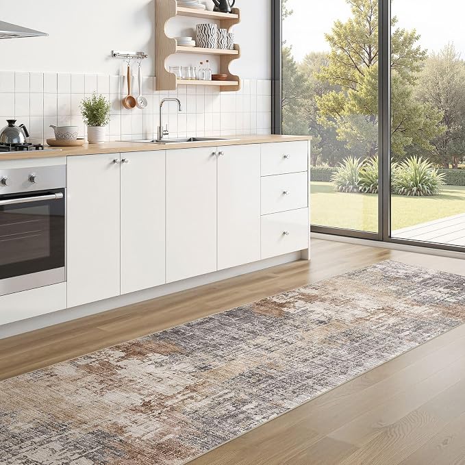 DMOYEST Washable Runner Rug for Hallway: 2.6x12 Neutral Modern Abstract Low Pile Area Rug with Non-Slip Backing - Carpet for Bedroom Kitchen Laundry Entryway Bathroom Indoor - Grey Brown