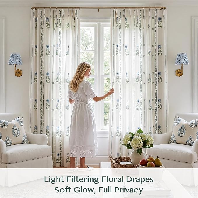 Pinch Pleated Curtains for Living Room Bedroom Dining Room - 92 Inches Light Filtering Floral Curtains Luxury Linen Drapes Farmhouse Window Curtains with Hooks - 2 Panels Set, 40" W x 92" L