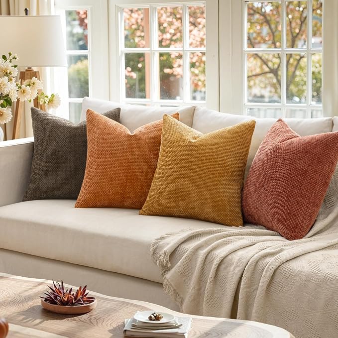 MIULEE Pack of 4 Orange/Yellow Couch Throw Pillow Covers 18x18 Inch Halloween Soft Decorative Chenille Pillows Farmhouse Accent Cushions for Boho Fall Home Decor Sofa Bedroom Living Room