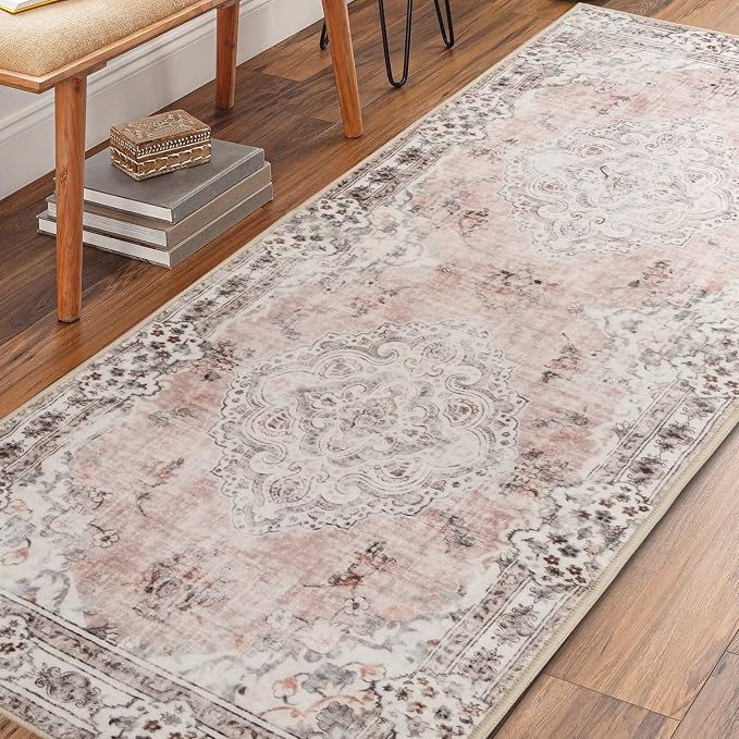 MUJOO Pink Runner Rug Washable 2x6 Area Rugs Non Slip Low-Pile Flowers | Long Throw Carpet for Hallways Entryway Kitchen Bathroom Bedside Bedroom Laundry Boho Soft Indoor Retro Floral Light Blush