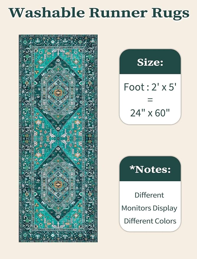 SERISSA Boho Washable Runner Rug, 2x5 Rug Runner Non-Slip Vintage Teal Hallway Kitchen Runner Rug Ultra Soft Print Distressed Tribal Floor Carpet Runner for Bedroom Bathroom Laundry Living Room
