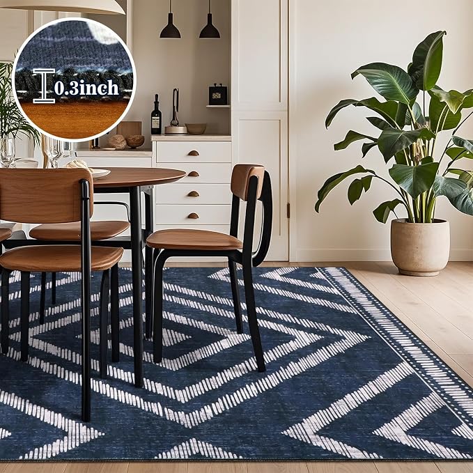 Boho Washable Rugs 6x9ft for Living Room, Navy Blue Low Pile Bedroom Area Rugs Non Slip, Moroccan Soft Kids Nusery Area Floor Carpets for Dining Room Playroom Kitchen Home Office Decor