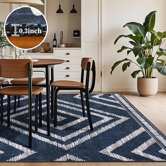 Boho Washable Rugs 5x7ft for Living Room, Navy Blue Thin Bedroom Area Rugs Non Slip, Moroccan Soft Kids Nusery Area Floor Carpets for Dining Room Playroom Kitchen Home Office Decor