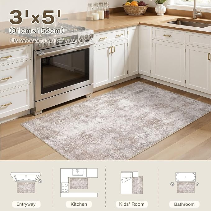 Neutral Washable Area Rug 3x5, Abstract Small Rugs for Entryway | Modern Abstract Carpet, Stain Resistant and Kid & Pet Friendly, Joint-Friendly Indoor Rug, Made for Entryway Bathroom - Brown
