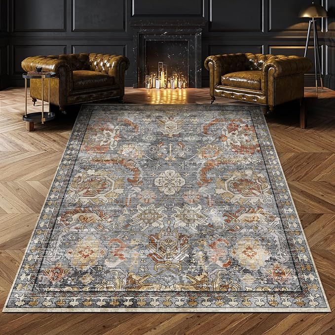RUGSURE Washable Area Rugs - Perfect for Living Room, Bedroom, Kids Room, Nursery - Stain & Water Resistant Non-Slip, Pet & Child Friendly, Vintage Tribal Area Rugs (Turmeric and Grey, 9' x 12')