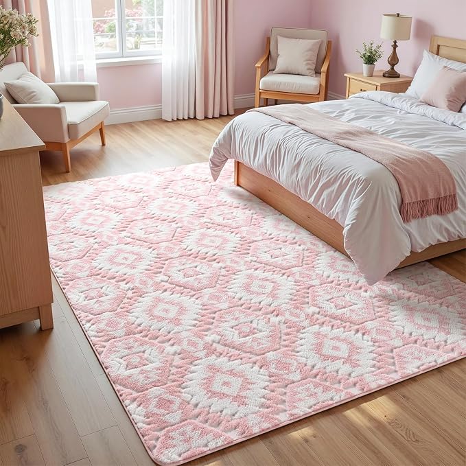 Macgace Ultra Soft Area Rug for Living Room, 6x9 Pink and White Shag Rugs | Washable Non-Slip Backing Medium Pile Modren Geometric Fuzzy Carpet for Kids Room, Girls Bedroom, Classroom, Dorm