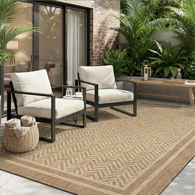 MontVoo-Outdoor Rug-Patio Rug 4x6 Polypropylene Indoor Outdoor Rugs Outdoor Carpet for Patio Deck Balcony Porch, Textured Weave, Durable for High Traffic, Fade-Resistant, Boho Farmhouse Neutral Brown