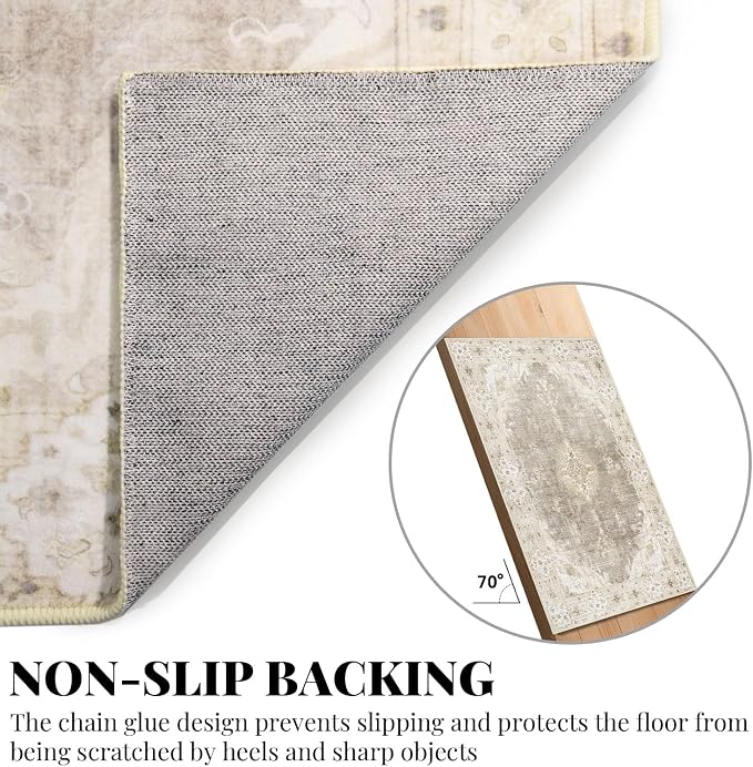 MUJOO 6x9 Area Rugs,Beige Rug Washable Non Slip Low-Pile Floral Large | Machine Washable Throw Carpet for Living Room Bedroom Dining Room Boho Soft Indoor Vintage Bohemian Flowers