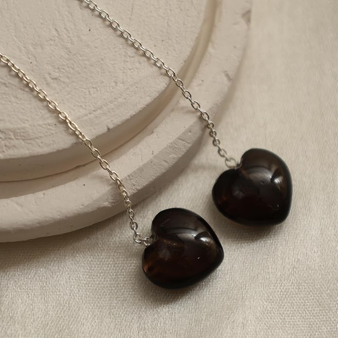Gemstone Heart Shaped Threader Earrings in 925 Sterling Silver, Pull Through Adjustable, Versatile & Trendy, Perfect Valentine's Gift for Women, Choice of Gemstone Available