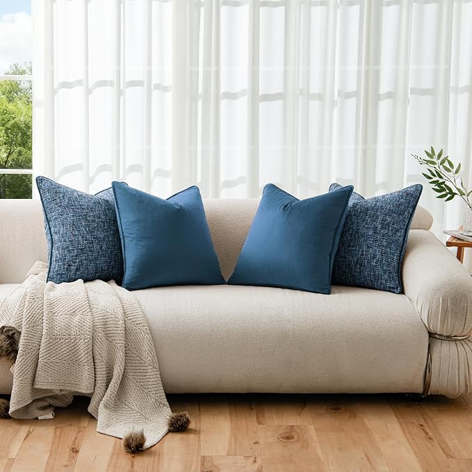 a moment Blue 4 Pack Throw Pillow Covers - Chenille & Velvet Set with Piping, Farmhouse Textured Design Cushion Cases for Couch Sofa Bed (20x20 Inch, No Insert)