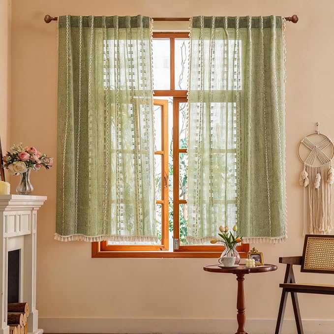Sage Green Boho Curtains 2 Panel Set for Kitchen Bedroom Floor to Ceiling, Light Filtering Tassels Privacy Country Vintage Christmas Bohemian Stripes Window Treatment Back Tab, 50" x 54"