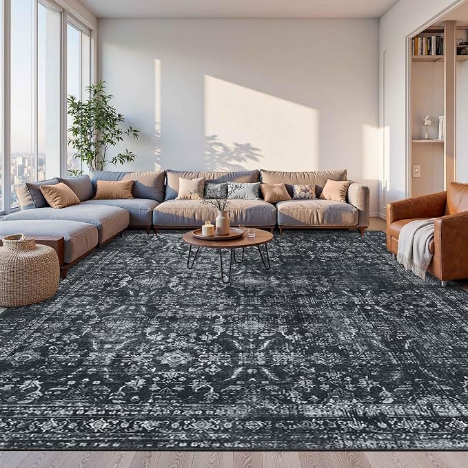 Rugxara Black 10x14 Area Rugs for Living Room Bedroom Large Washable Rug | Non Slip, Rug for Dining Room Office Farmhouse, Stain Resistant, Soft, Low Pile, Vintage Boho Retro Carpet, Home Decor